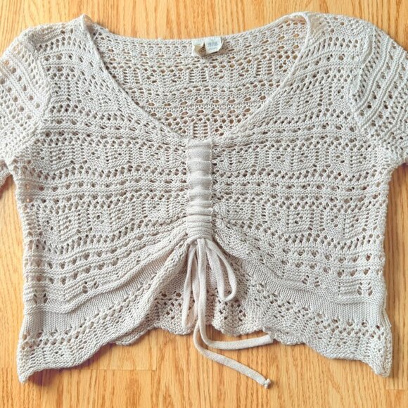 Boho Cream Crochet Knit Crop Sweater Top Size XL Sky and Sparrow Long Sleeve - Picture 4 of 10